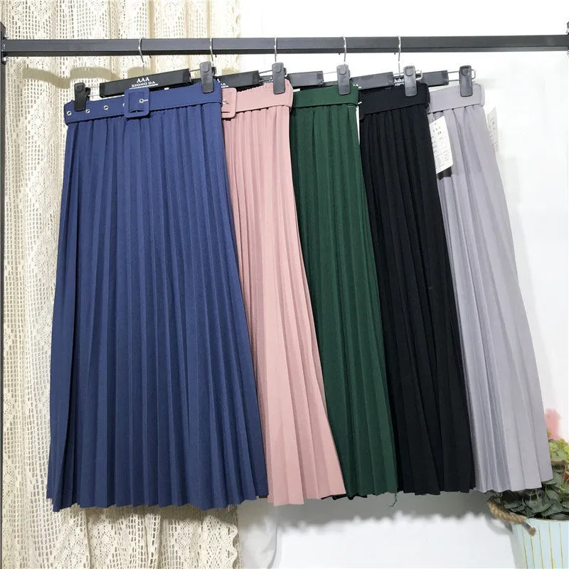 Solid Colored Belt Pleated Skirt Women Mid-Length All-Matching A-Line Skirt