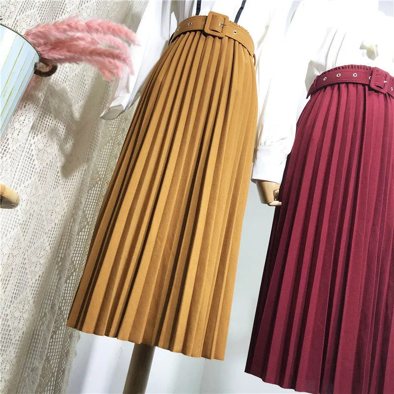 Solid Colored Belt Pleated Skirt Women Mid-Length All-Matching A-Line Skirt