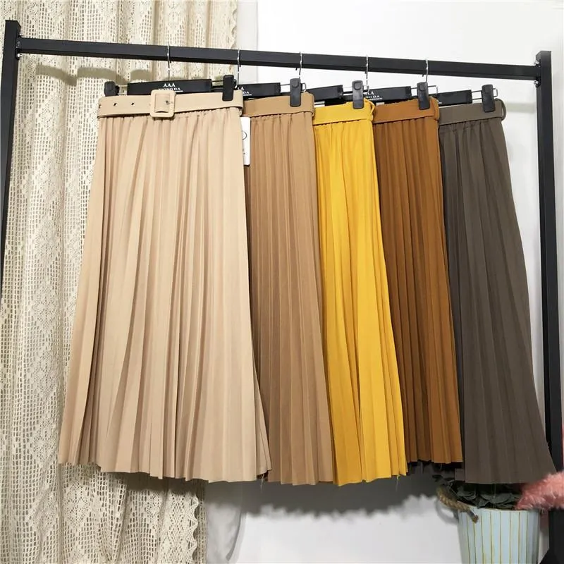Solid Colored Belt Pleated Skirt Women Mid-Length All-Matching A-Line Skirt