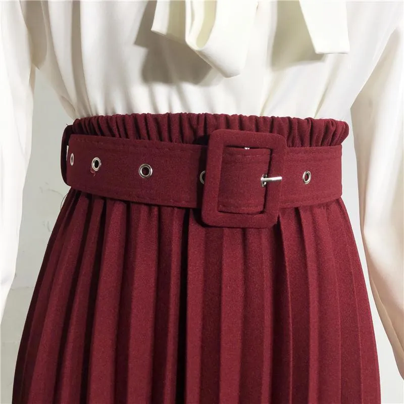 Solid Colored Belt Pleated Skirt Women Mid-Length All-Matching A-Line Skirt