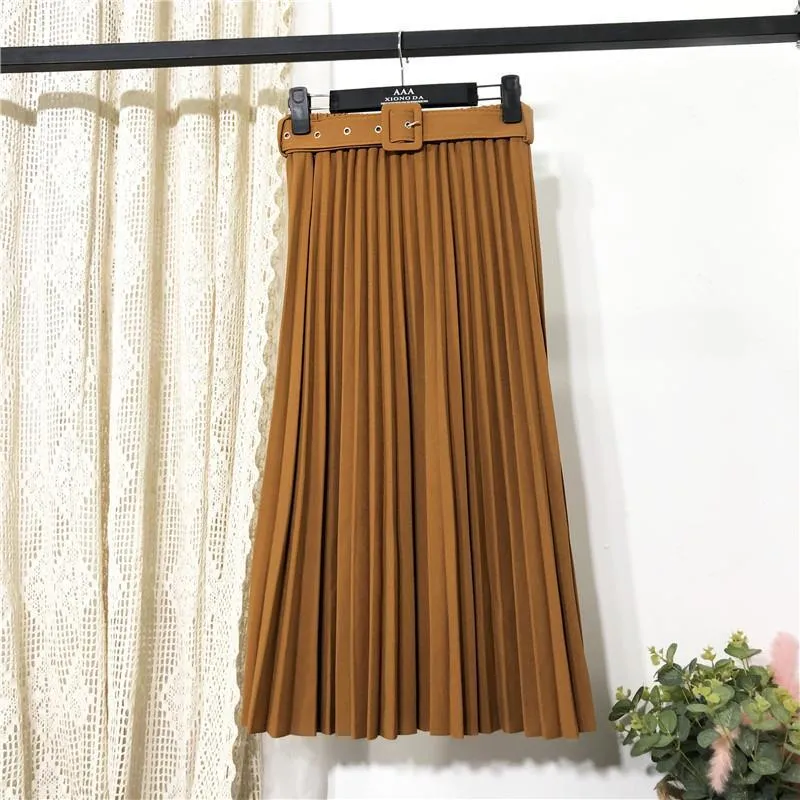 Solid Colored Belt Pleated Skirt Women Mid-Length All-Matching A-Line Skirt