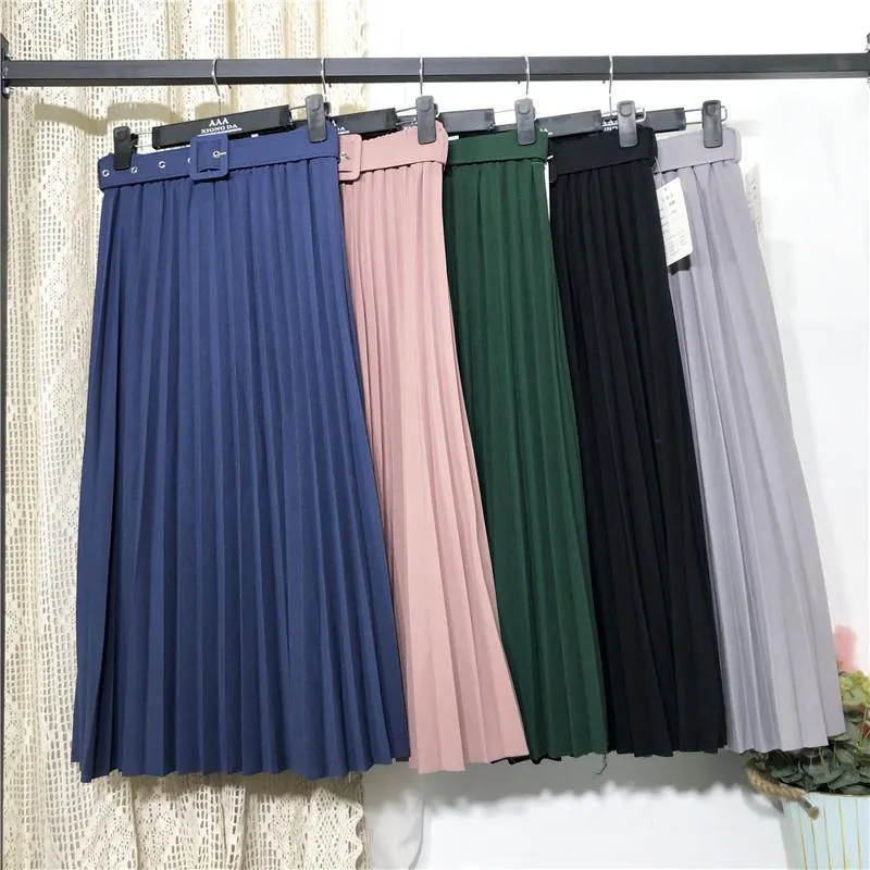 Solid Colored Belt Pleated Skirt Women Mid-Length All-Matching A-Line Skirt