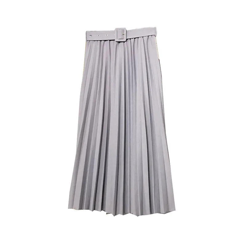 Solid Colored Belt Pleated Skirt Women Mid-Length All-Matching A-Line Skirt