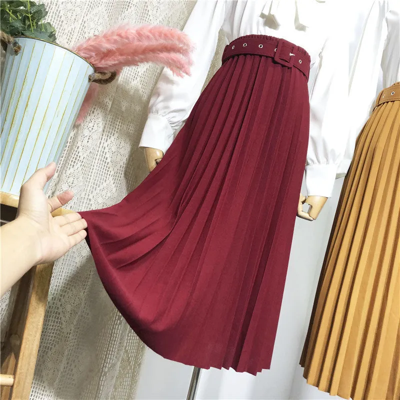 Solid Colored Belt Pleated Skirt Women Mid-Length All-Matching A-Line Skirt