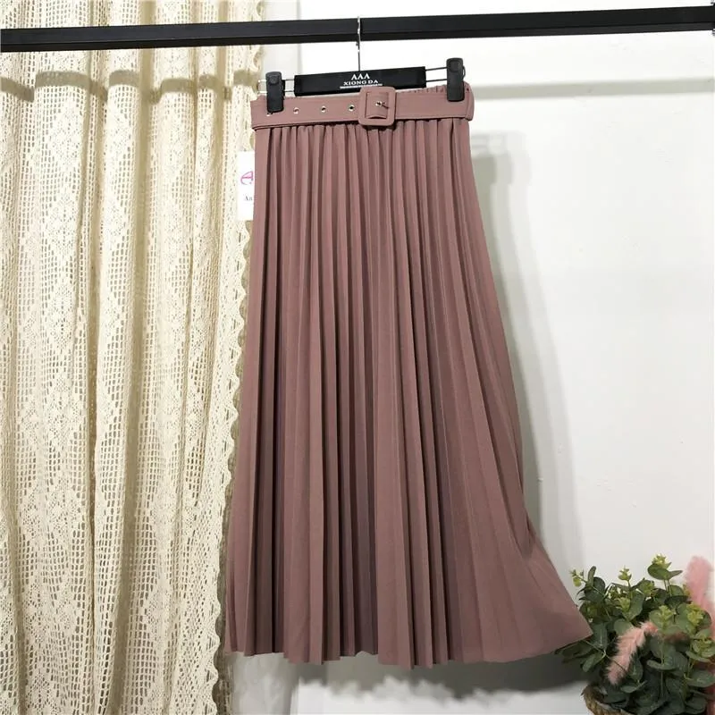 Solid Colored Belt Pleated Skirt Women Mid-Length All-Matching A-Line Skirt