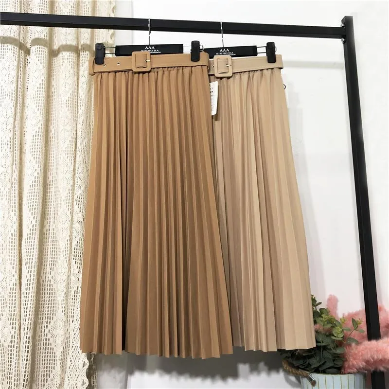 Solid Colored Belt Pleated Skirt Women Mid-Length All-Matching A-Line Skirt