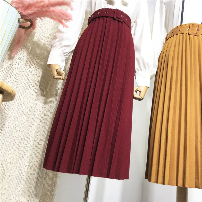 Solid Colored Belt Pleated Skirt Women Mid-Length All-Matching A-Line Skirt