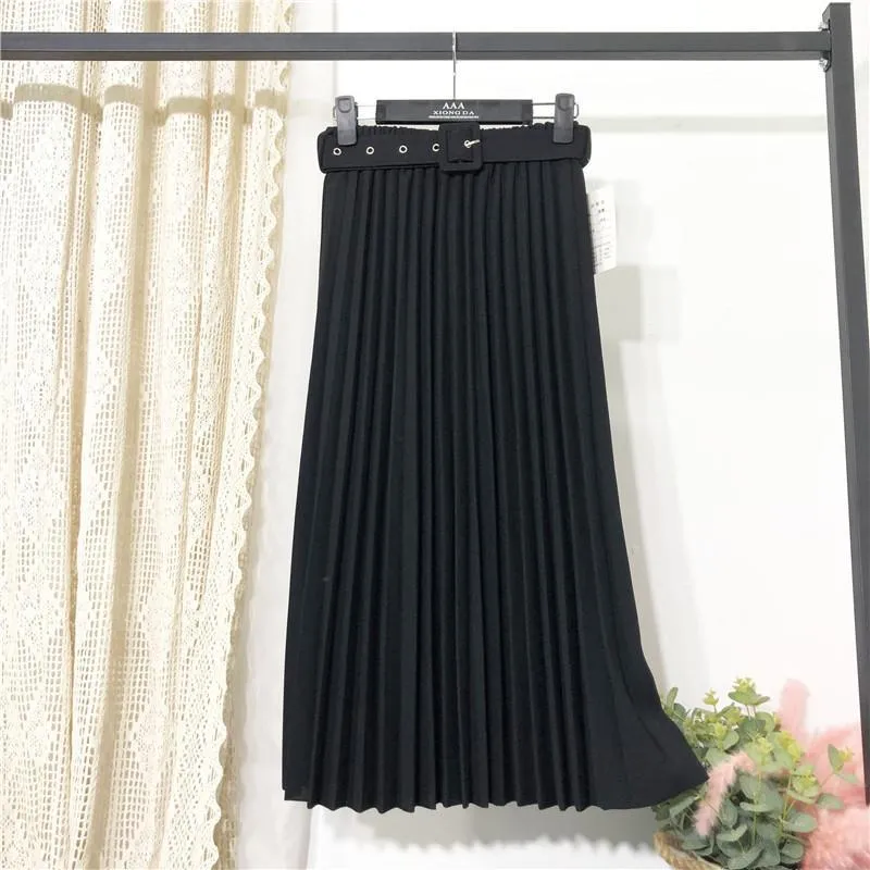Solid Colored Belt Pleated Skirt Women Mid-Length All-Matching A-Line Skirt
