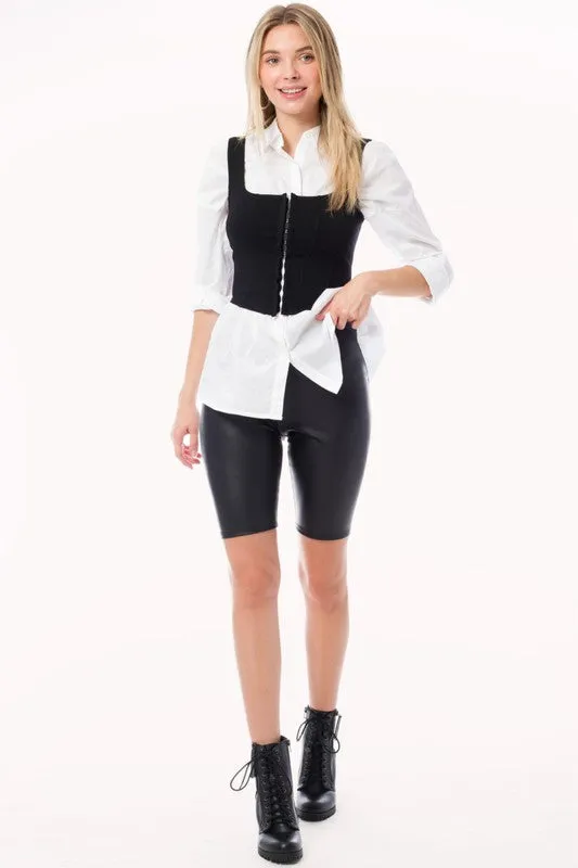 Solid Faux Leather Biker Shorts with Elastic Waist