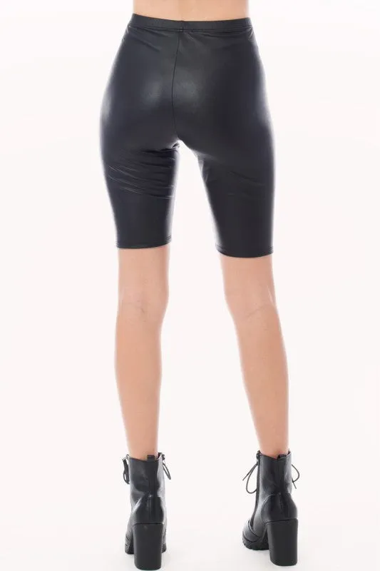 Solid Faux Leather Biker Shorts with Elastic Waist