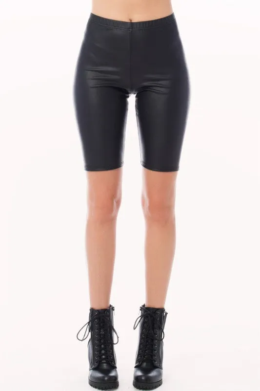 Solid Faux Leather Biker Shorts with Elastic Waist