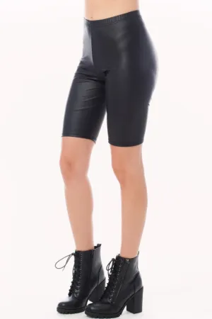 Solid Faux Leather Biker Shorts with Elastic Waist