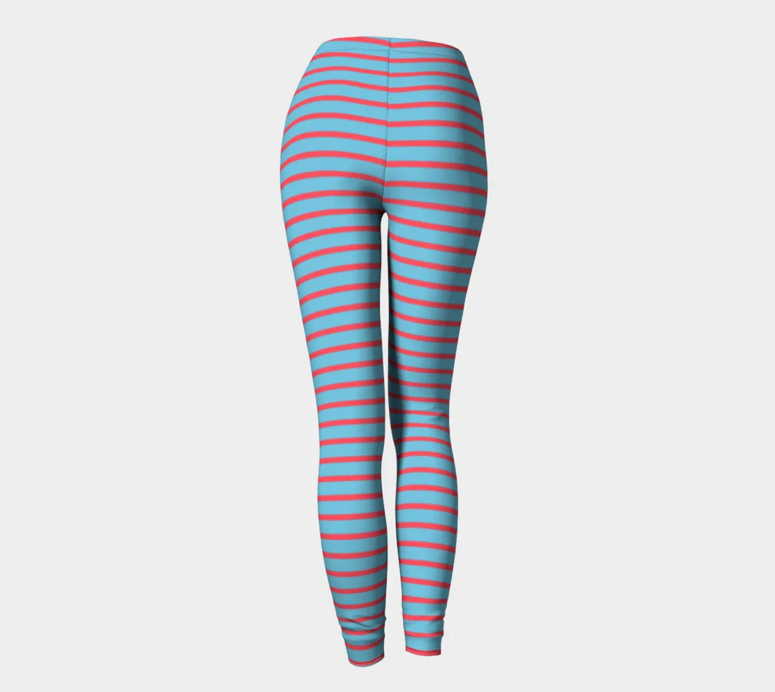 Striped Adult Leggings - Darker Coral on Light Blue
