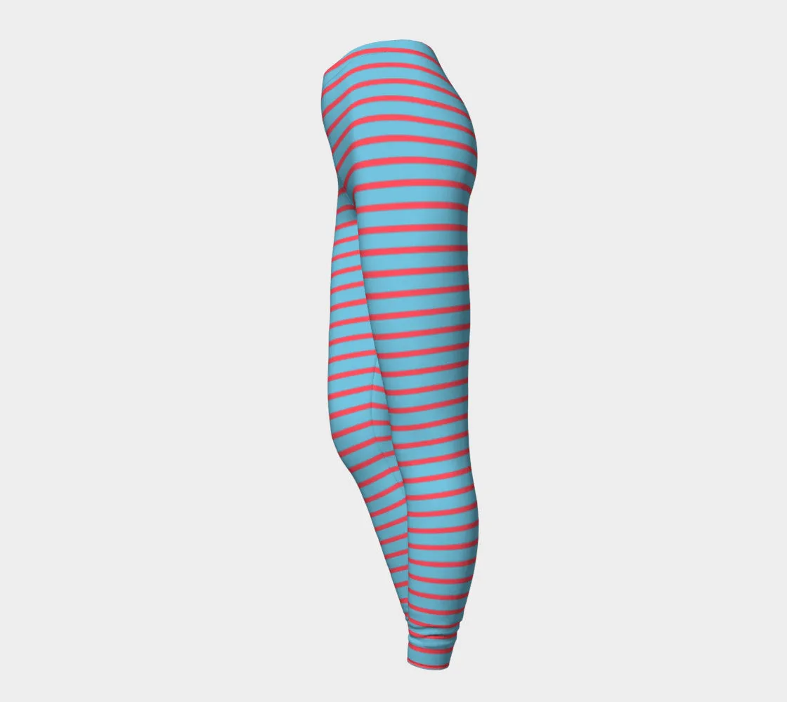 Striped Adult Leggings - Darker Coral on Light Blue