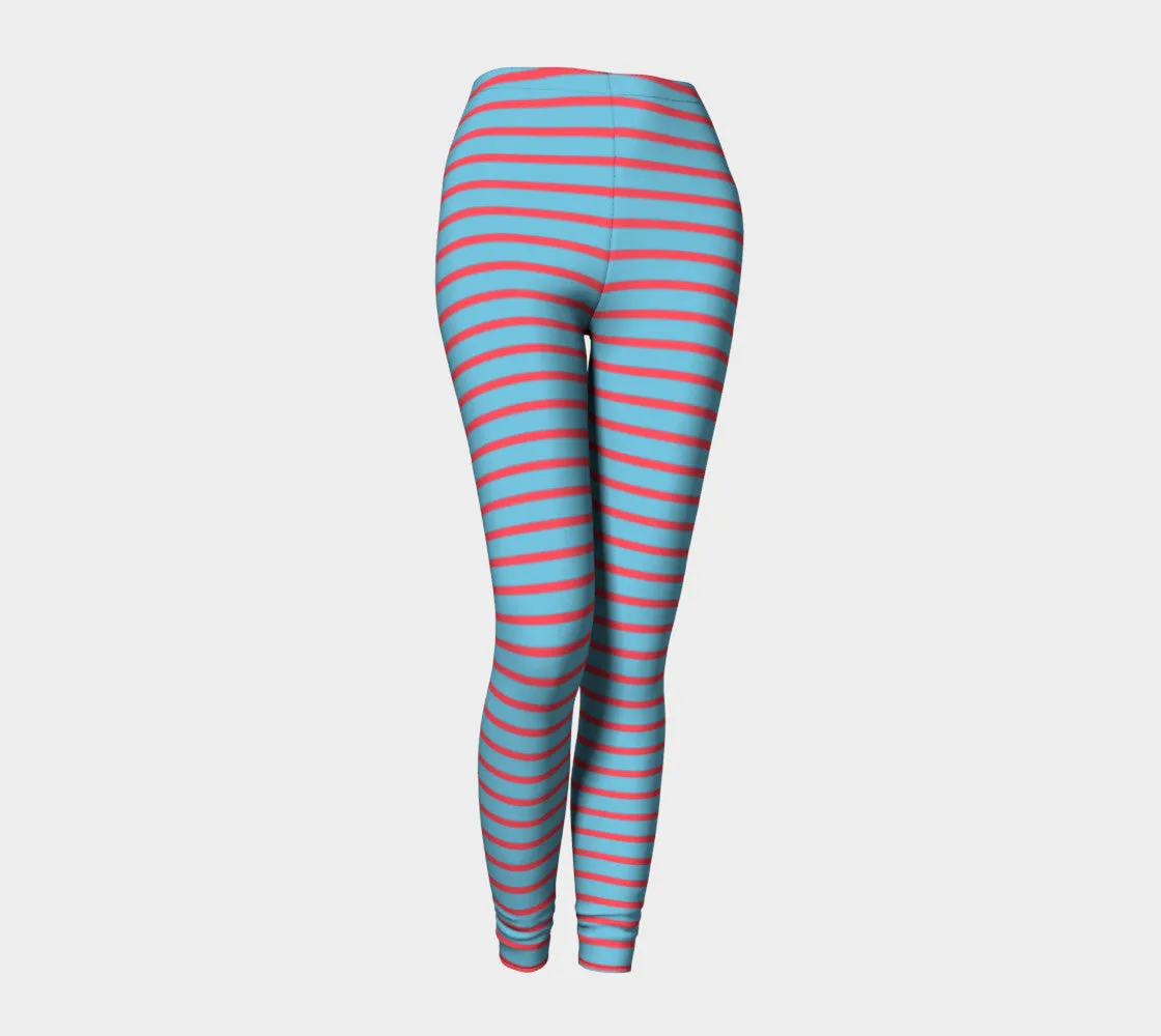 Striped Adult Leggings - Darker Coral on Light Blue