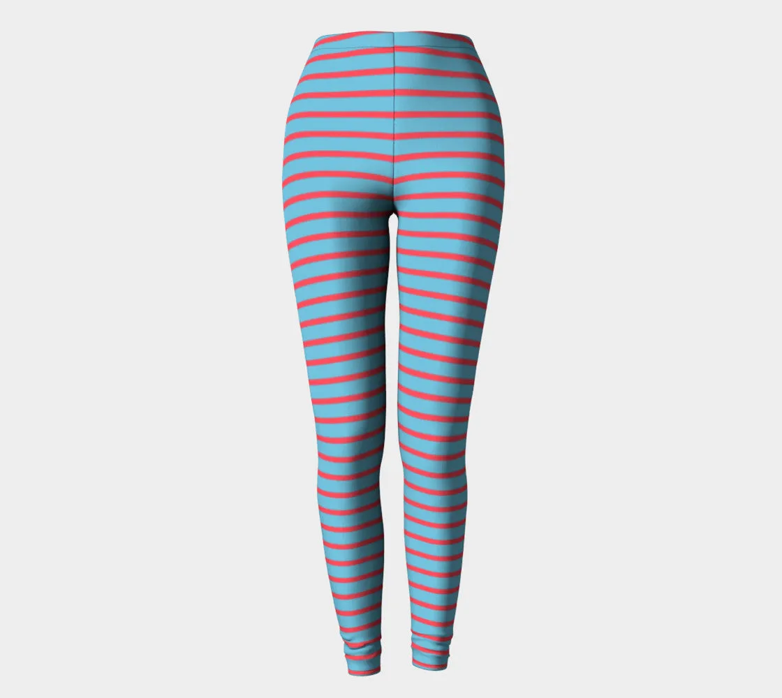 Striped Adult Leggings - Darker Coral on Light Blue
