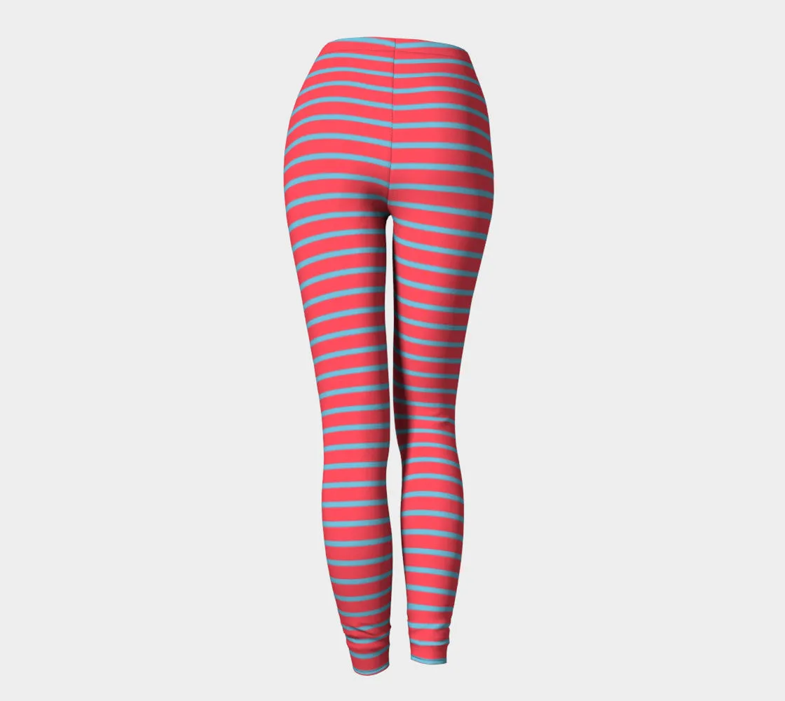 Striped Adult Leggings - Light Blue on Darker Coral