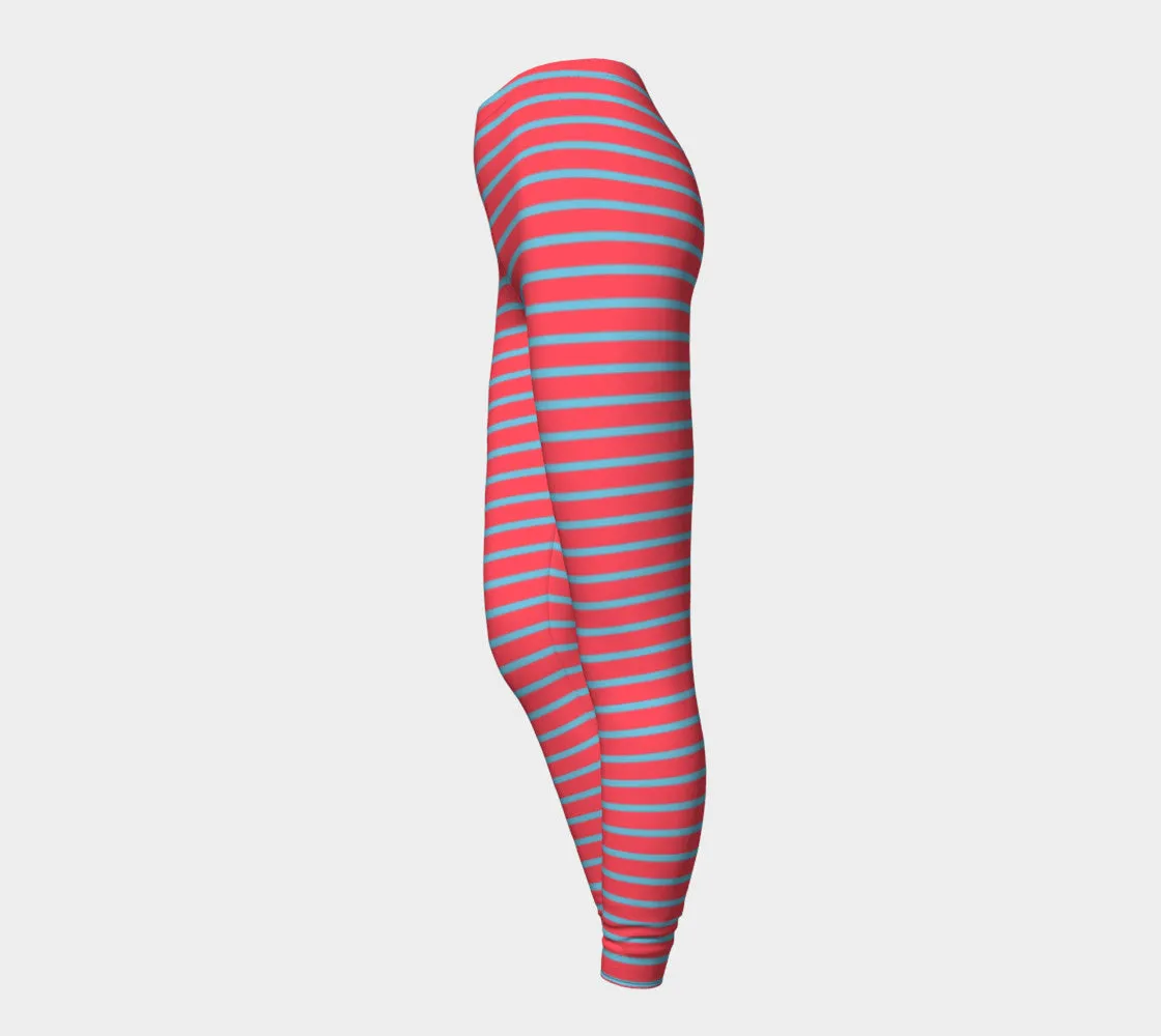 Striped Adult Leggings - Light Blue on Darker Coral
