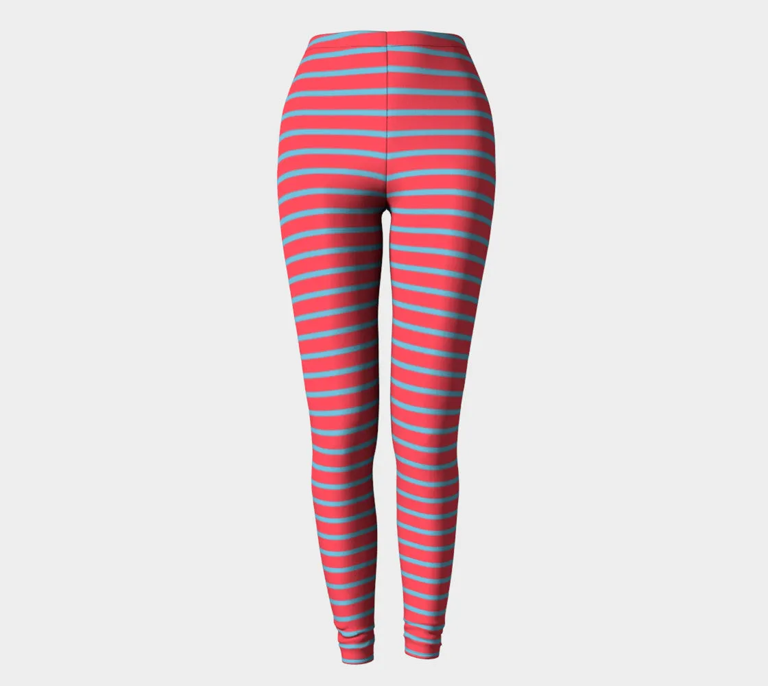 Striped Adult Leggings - Light Blue on Darker Coral