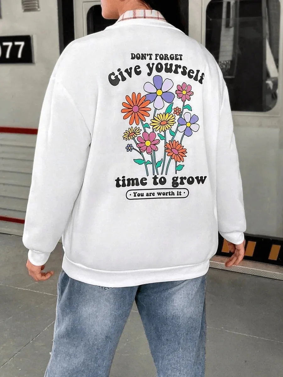 SXV  'TIME TO GROW’ Printed Cool Aesthetic Drop Shoulder Oversized Baggy Sweatshirt