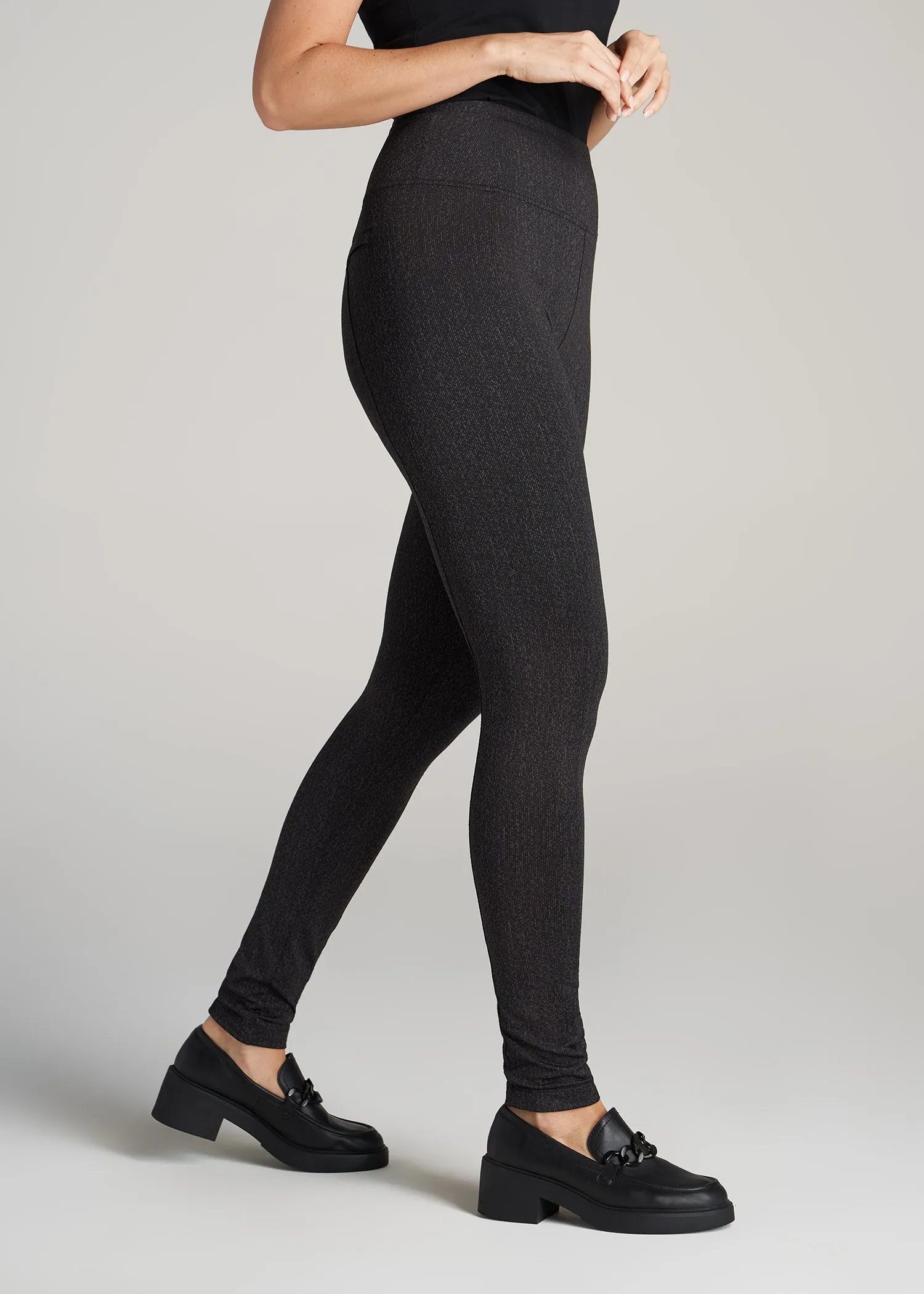 Textured Back Pocket Women's Tall Leggings in Black Charcoal Jacquard