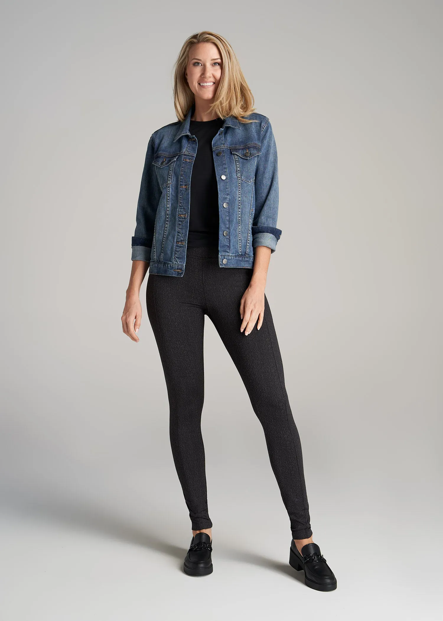 Textured Back Pocket Women's Tall Leggings in Black Charcoal Jacquard