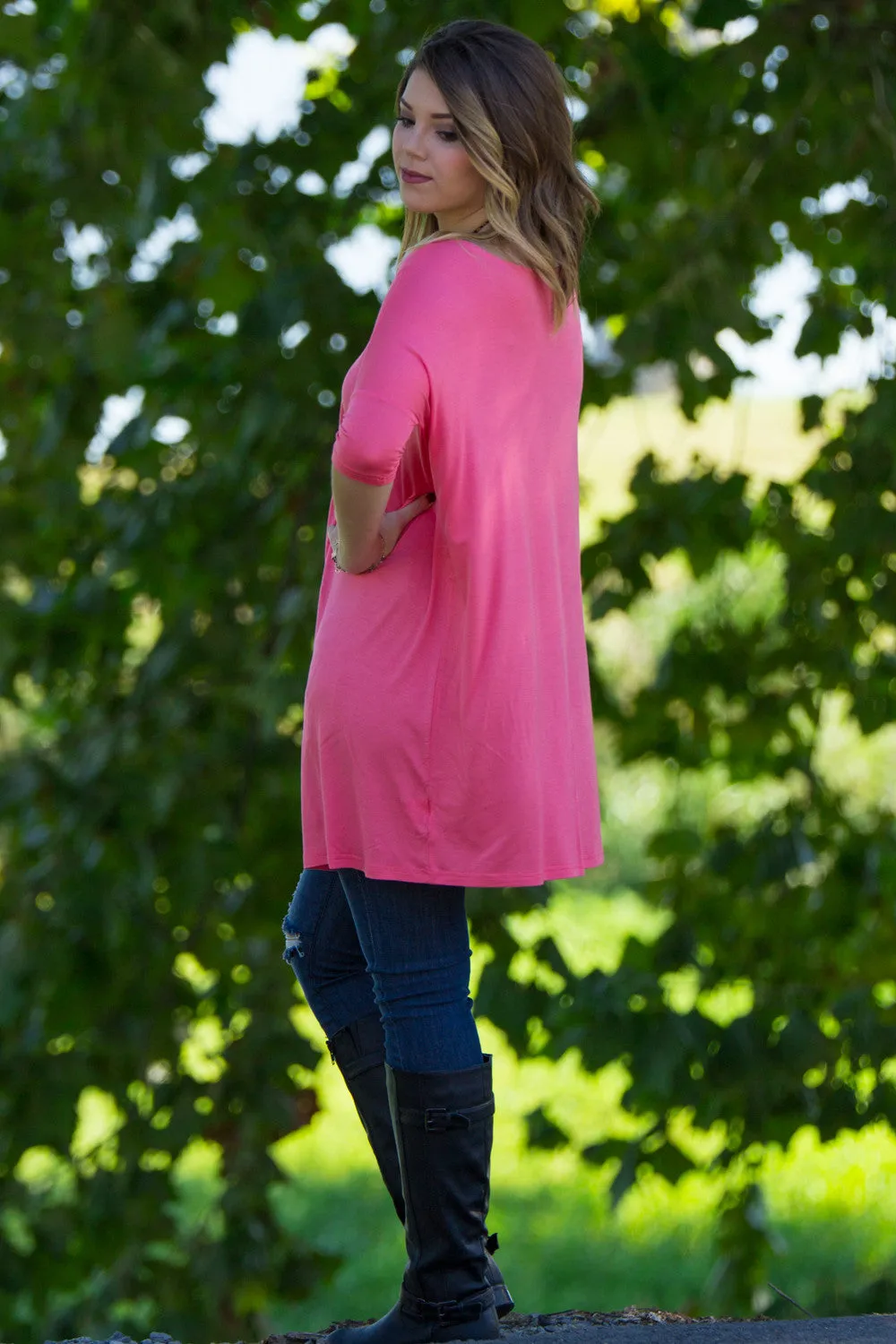 The Perfect Piko Half Sleeve Tunic-Coral