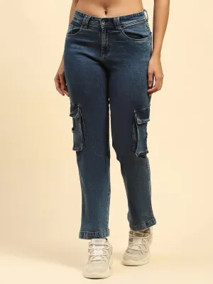 Tint Blue Solid Cotton Blend Straight Fit Cargo