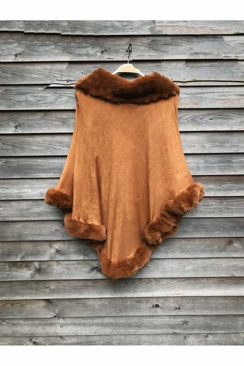 Toffee Brown Faux Fur Trim Poncho
