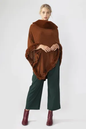 Toffee Brown Faux Fur Trim Poncho