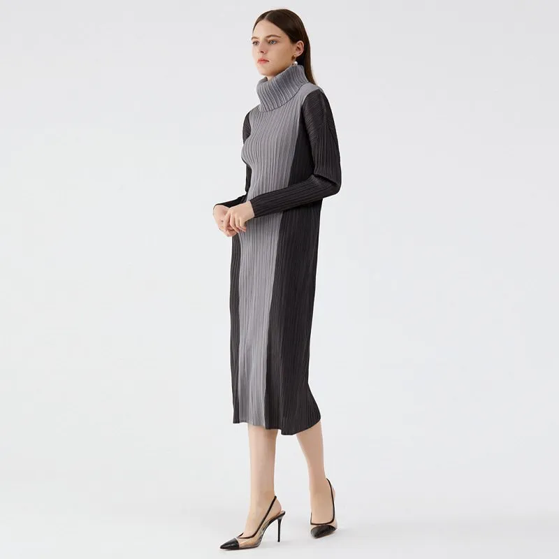 Turtleneck Colorblock Slim Long Sleeve Stylish Midi Dress