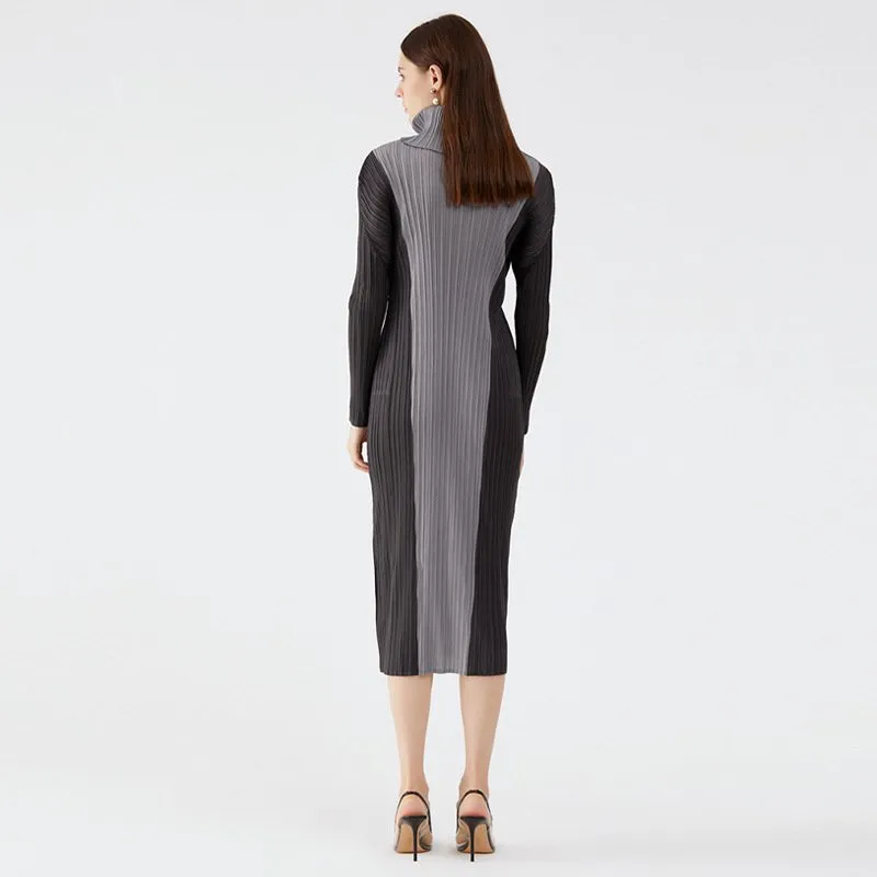 Turtleneck Colorblock Slim Long Sleeve Stylish Midi Dress