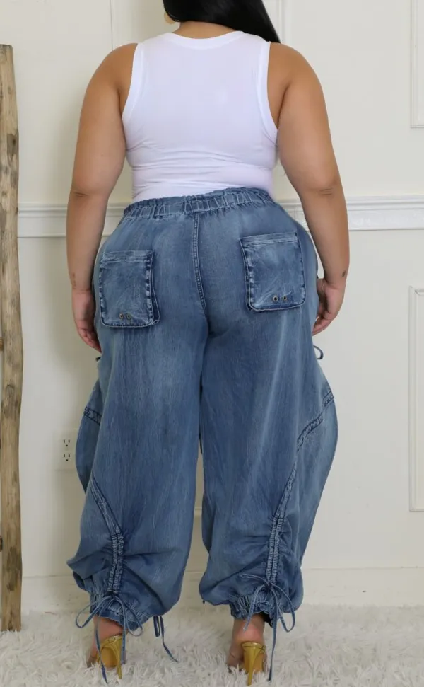 Urban Chic Drawstring Denim Cargo Pants - CURVY
