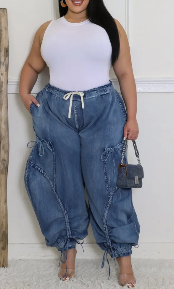 Urban Chic Drawstring Denim Cargo Pants - CURVY