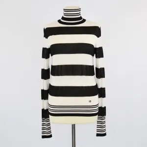 Victoria Beckham BlacklWhite Stripe Wool Knit Turtleneck Long Sleeve Sweater