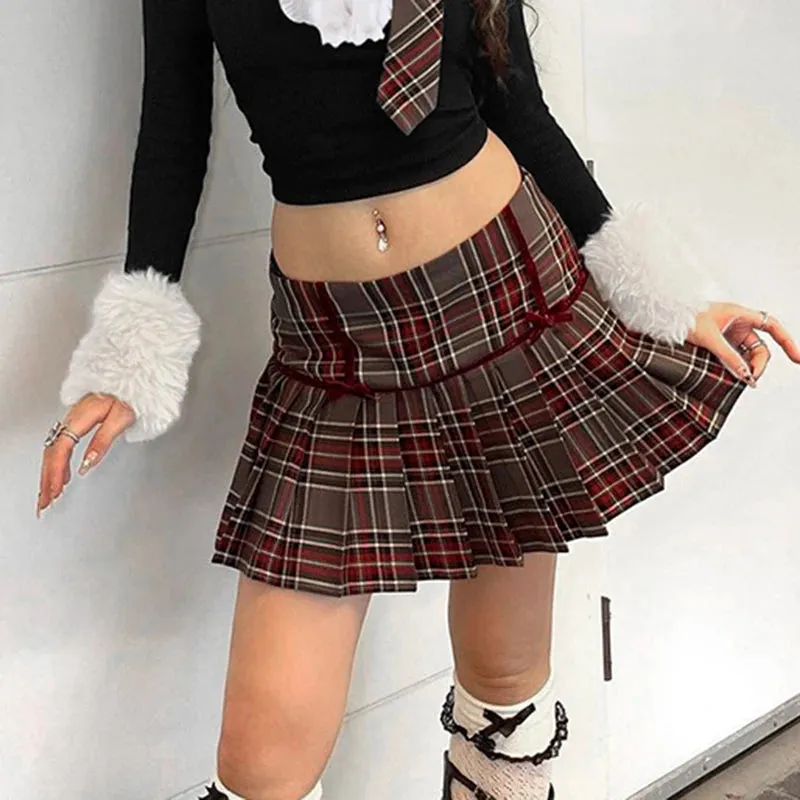 Vintage Plaid Aesthetic Bow Checkered Pleated Skirt