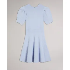 Women Wmd-Velvey-Puff Sleeve Dress With Engineered Skirt - Baby-Blue