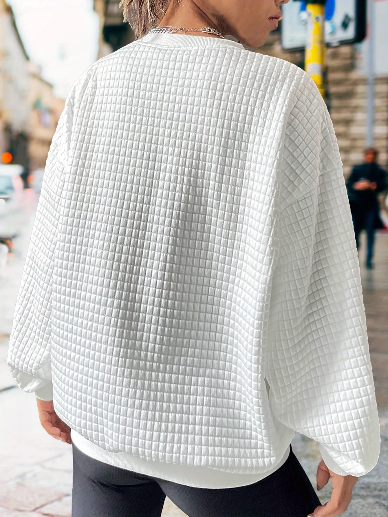 Womens Casual Long Sleeve Crew Neck Waffle Sweatshirt - Soft Micro Elasticity Polyester Fabric, Alphabets Patterned with Paris Letter & Eiffel Tower Print, Customized Knit Fabric, Fall/Winter Season, No Sheer - Perfect for Everyday Wear