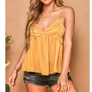Women's Ruched Peplum Tank Top- Mustard
