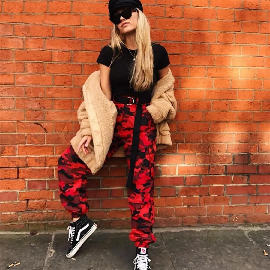 Women's Spring/Autumn Red Camouflage Cargo Pants