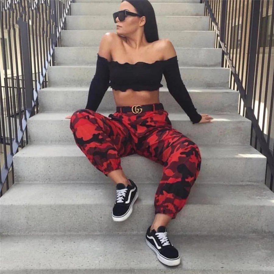Women's Spring/Autumn Red Camouflage Cargo Pants