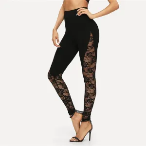 Women's Summer Stretchy Skinny Leggings With Floral Lace Inserts