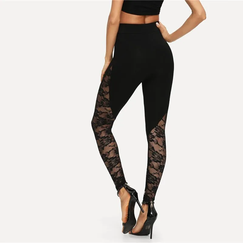 Women's Summer Stretchy Skinny Leggings With Floral Lace Inserts
