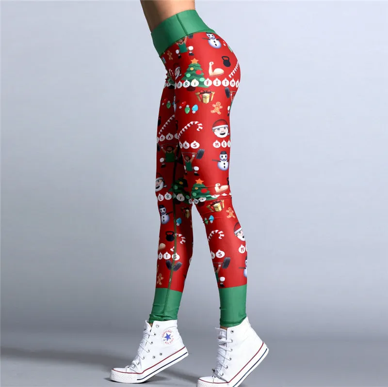 Women's Winter Elastic High Waist Breathable Leggings With Christmas Printing