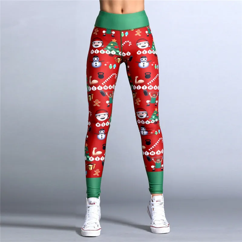 Women's Winter Elastic High Waist Breathable Leggings With Christmas Printing