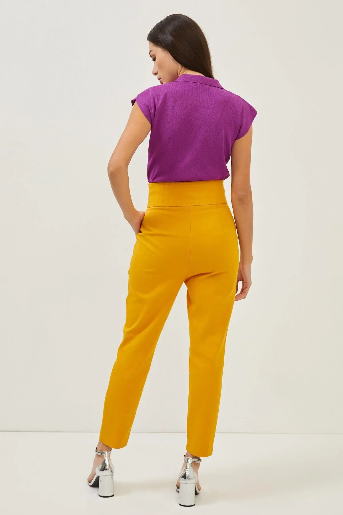 Yellow Cotton High Rise Straight Leg Trousers